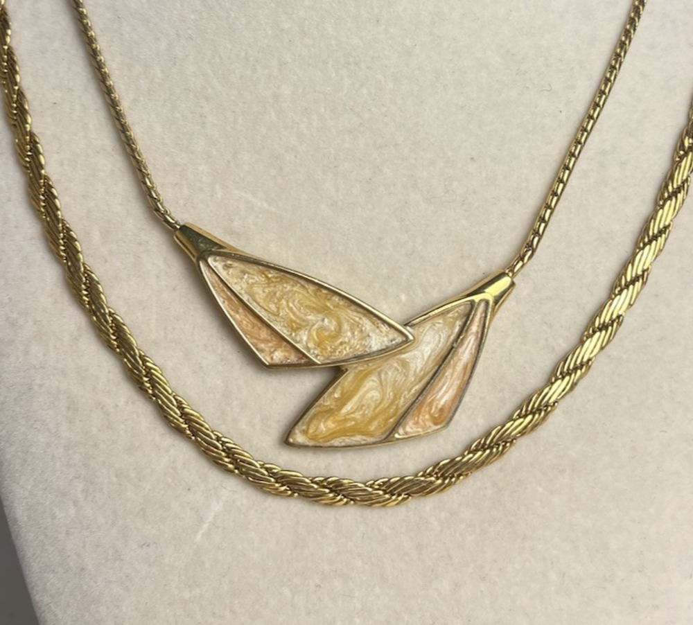Monet Necklace Lot Gold Tone Rope Chains Cream Enamel Signed Vintage Retro 17"
